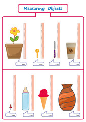 Measuring Length of the Objects with Ruler, worksheet for children, practice sheets, mathematics activities