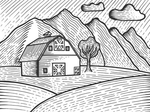Agricultural Farm rural landscape sketch engraving vector illustration. Scratch board style imitation. Black and white hand drawn image.