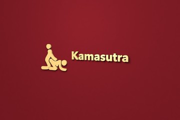 3D illustration of Kamasutra, yellow color and yellow text with red background.
