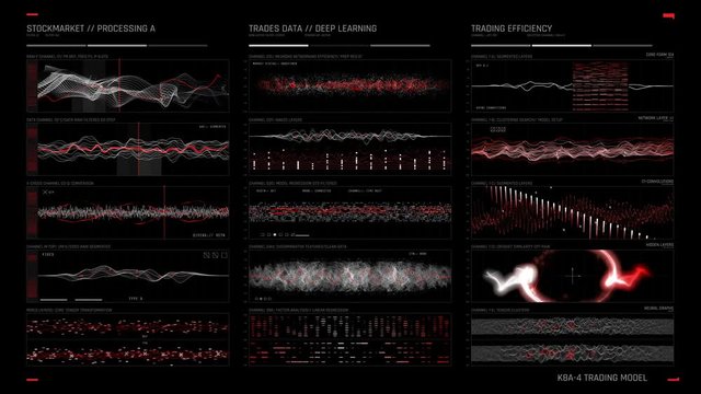 Stock market machine trading, AI making transactions, computers analyzing data. High frequency trading