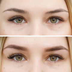 Photo comparison before and after permanent makeup, tattooing of eyebrows - obrazy, fototapety, plakaty
