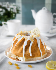 Easter bread with oranges and raisins, apple blossom. Russian kulich paska, polish babka sweteczna.