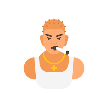 Vector illustration of brutal man icon. He smokes a cigar. He is a gangster. Isolated image of male bust.