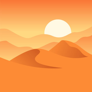 Vector illustration of desert. Dunes, sand and sunset. Orange composition. Wilderness image. 