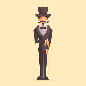 Vector illustration of retro gentleman. Man with a mustache and a beard. He is dressed in a frock coat, a bow tie and cylinder hat. He holds a cane in his hand