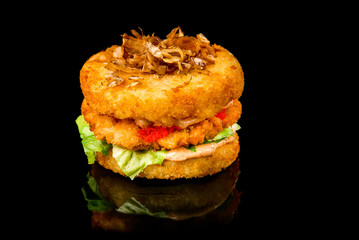 Hamburger with fish cutlet. Japanese food