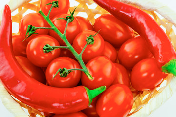 mix set of vegetables juicy ripe cherry tomato peppers long curved pod close-up bright design