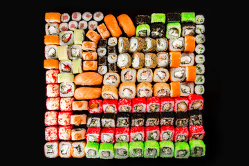 huge set of rolls of fish and vegetables. Japanese food