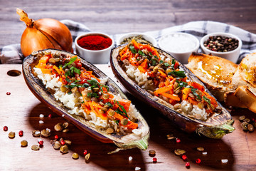 Stuffed aubergine with rice and vegetables