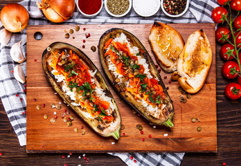 Stuffed aubergine with rice and vegetables