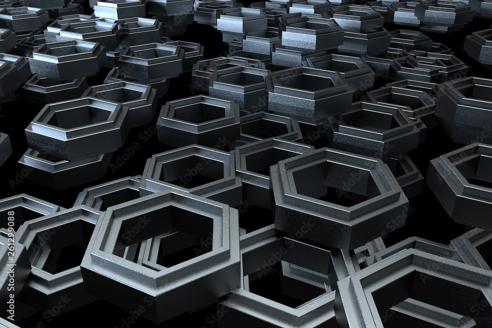 Poster 3d rendering, dark hexagonal background, sci-fi background