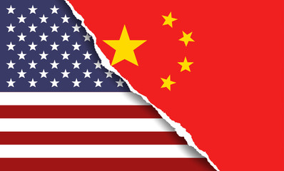 American and Chinese flag symbols. The concept of trade war and relationships.