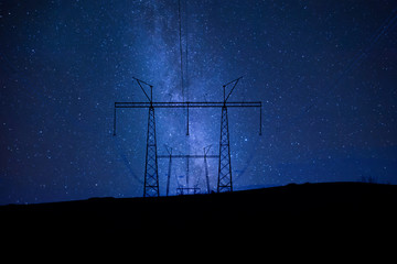 Night landscape with high-voltage power line