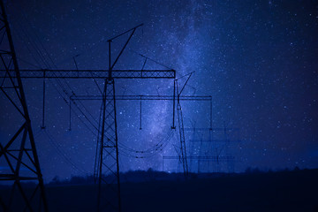 Night landscape with high-voltage power line