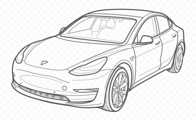 Vector contour car on transparent background. Tesla electrocar outline. - obrazy, fototapety, plakaty