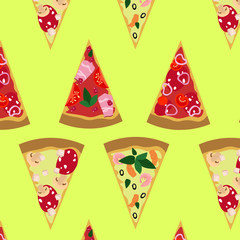 Pattern pizza on a yellow background. Menu design, cafe, fast food, food court.