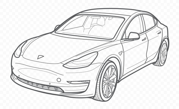 Vector contour car on transparent background. Tesla electrocar outline.