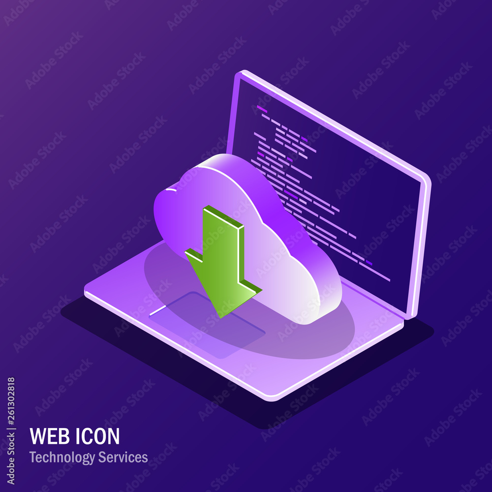Poster cloud service isometric web icon. process of synchronizing data between cloud storage and a laptop. 
