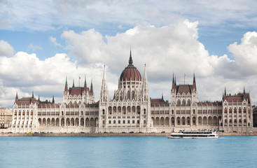 Fototapeta na wymiar BUDAPEST, HUNGARY - SEPTEMBER 22, 2017: The Hungarian Parliament buidings as viewed from the Buda side of the Danube River.