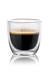 Hot coffee in a glass with double walls isolated on a white background. 100 sharpness.