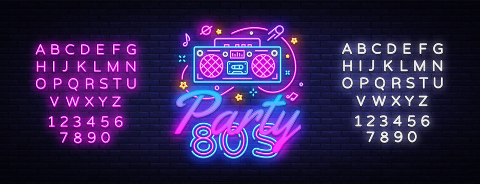 80s Party Neon Sign Vector. Back to the 80s neon design template, modern trend design, night signboard, night bright advertising, light banner, light art. Vector. Editing text neon sign