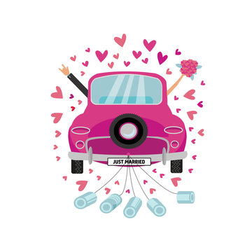 Newlywed couple is driving vintage pink car for their honeymoon and cans attached. Bride groom car with hand with bouquet sticking out of window . Vector flat cartoon round concept with many hearts