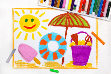 Colorful drawing: beach vacation. Smiling sun, ice cream, lifebuoy and sun umbrella
