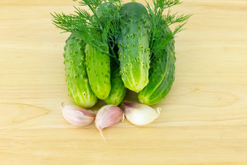 set cucumbers fresh crispy slice of garlic dill vegetable group billet salting on a wooden surface