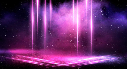 Ultraviolet background of empty foggy street with wet asphalt, illuminated by a searchlight, laser beams, smoke