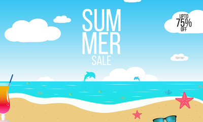 Fototapeta na wymiar Summer sale vector background with a beach, sea waves, tropical leaves, fruits, text. Advertising banner in paper style cut top view - Vector