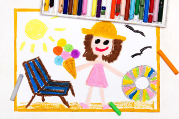 Obraz na płótnie Canvas Colorful drawing: beach vacation. Smiling girl with ice cream, lifebuoy and deck chair