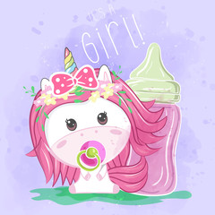 Cute Cartoon unicorn girl with feeding bottle . Can be used for baby t-shirt print, fashion print design, kids wear, baby shower celebration greeting and invitation card. - Vector