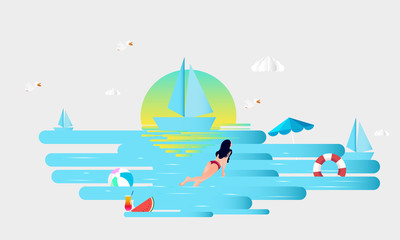 Girl swim on the beach and sea stuff with paper cut layer style vector illustration - Vector