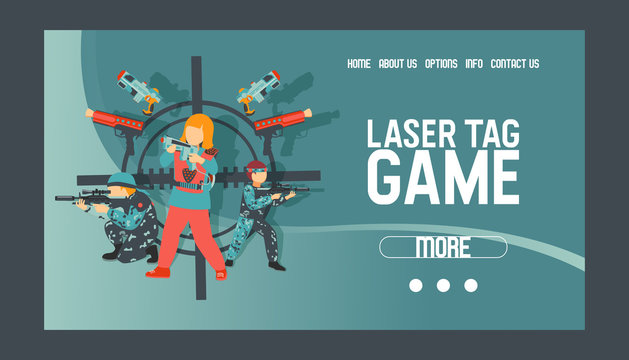Laser tag game set of banners vector illustration. Gun, optical sight, trigger, vest, attachment rail. Game weapons. Child pistols. Spending free time. Playing with ray guns. Web design.