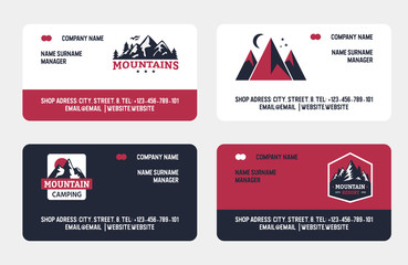 Mountains travel emblems set of business cards vector illustration. Camping, outdoor activities, adventure. Mountain tourism, resort, hiking. Forest camp labels in vintage style.