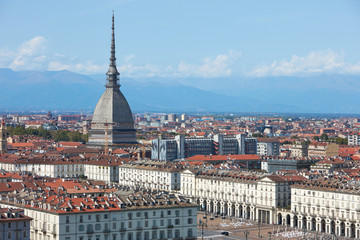 Fototapeta na wymiar Mole Antonelliana tower and Vittorio square view in Turin in a sunny summer day in Italy