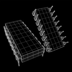 Microchip quantum processor, micro-processor with board electronic CPU wireframe low poly mesh vector illustration