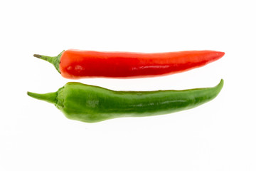bright red green pepper parallel pods mature vegetable on isolated background