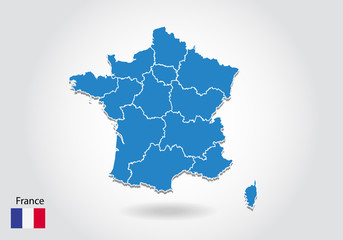 france map design with 3D style. Blue france map and National flag. Simple vector map with contour, shape, outline, on white.