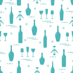 Pattern of wine glasses, bottles, corkscrew.