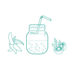 Jar with smoothies and ingredients for smoothie.