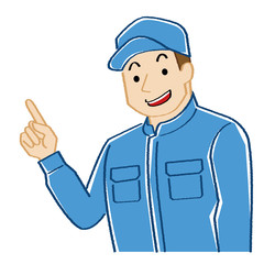 指さす帽子とつなぎを着用する青年男性(カラー線画とラフな着色)