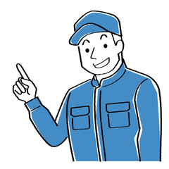 指さす帽子とつなぎを着用する青年男性(線画とラフな着色)肌は白色