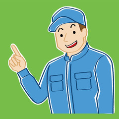 指さす帽子とつなぎを着用する青年男性(カラー線画とラフな着色)白ふち背景色あり