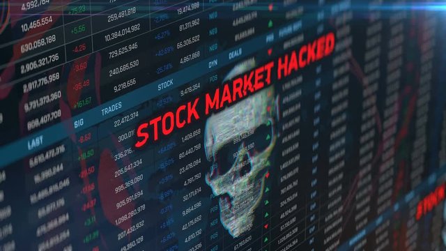 Stock market hacked message on financial background, pirate skull glitch, crash. Hijacked accounts, stock exchange crash