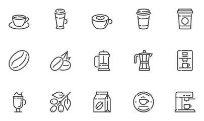 Coffee Vector Line Icons Set. Coffee Bean, Coffee Berry, Coffee Machine, Latte, Cappuccino, French Press. Editable Stroke. 48x48 Pixel Perfect.