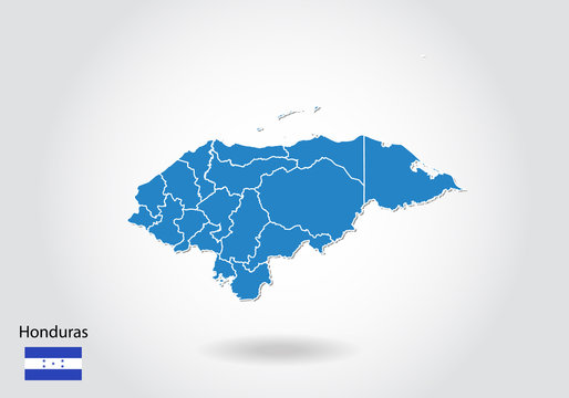 honduras map design with 3D style. Blue honduras map and National flag. Simple vector map with contour, shape, outline, on white.