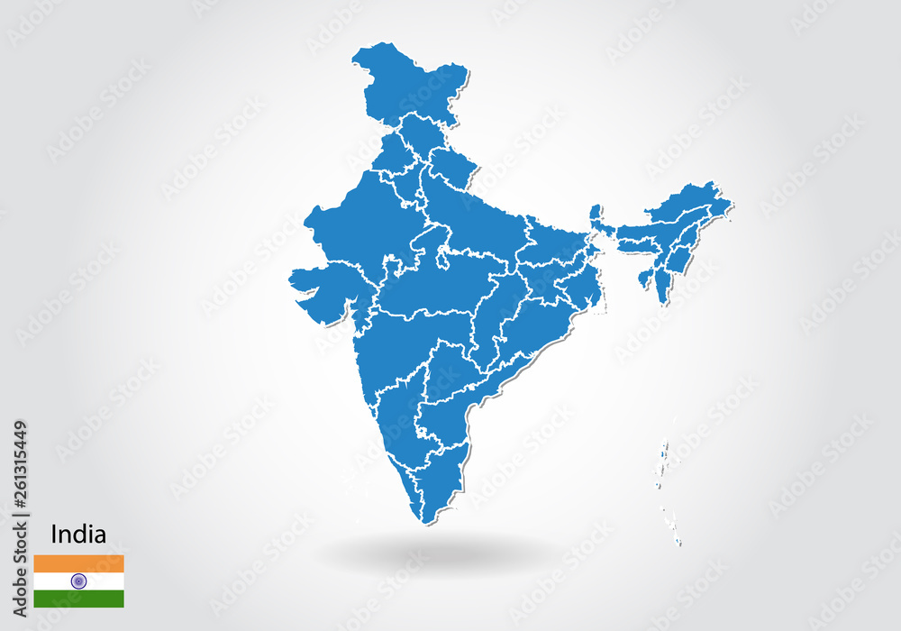 Poster india map design with 3d style. blue india map and national flag. simple vector map with contour, sh