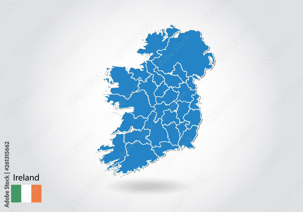 Poster ireland map design with 3d style. blue ireland map and national flag. simple vector map with contour