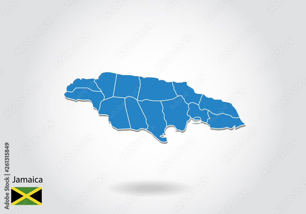 Poster jamaica map design with 3d style. blue jamaica map and national flag. simple vector map with contour